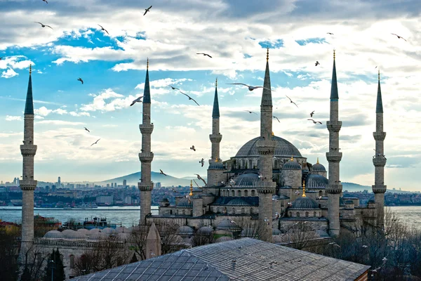 Захід сонця над Блакитної мечеті, (Султанахмет camii), Стамбул, Туреччина新しく到着した中古製品を表示する新しいと使用されるボックス. — стокове фото