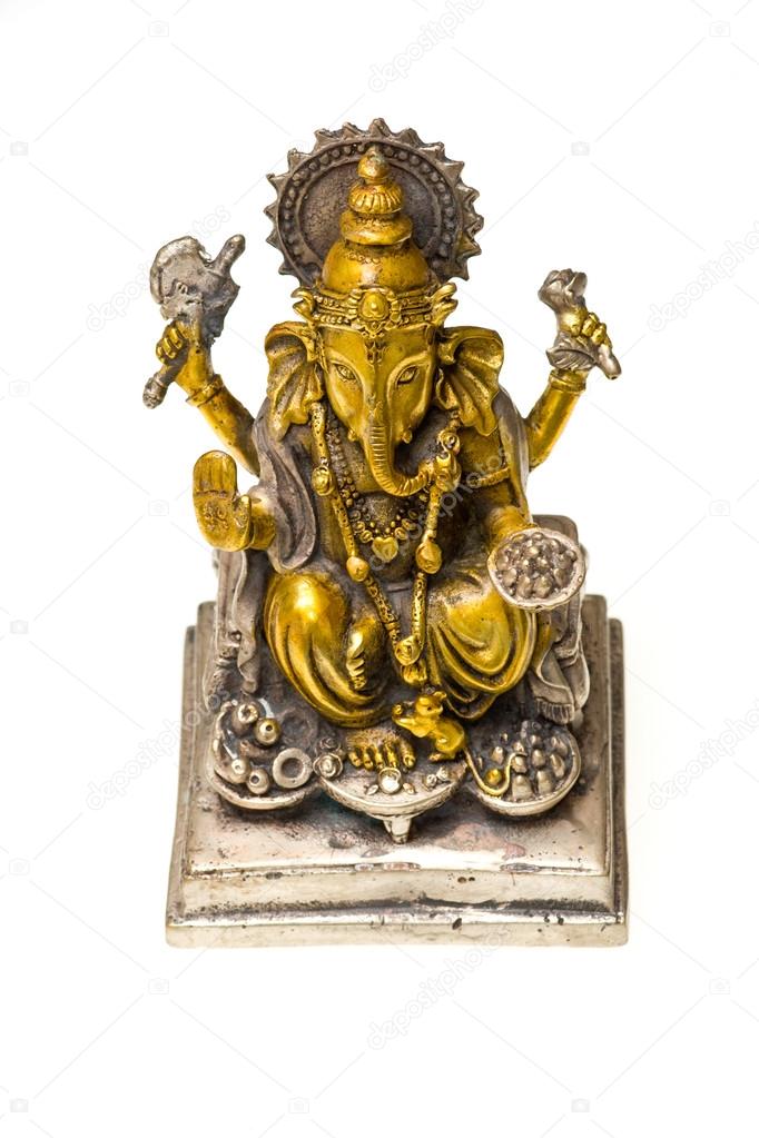 Bronze statue of Ganesh, painted in gold and silver.