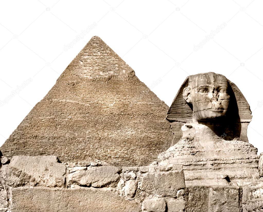 The Sphinx and the great pyramid, Giza, Egypt. Isolated on white