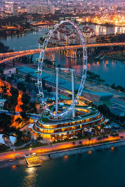 Utsikt över singapore på natten med singapore flyer. — Stockfoto