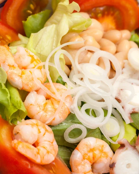 Fresh mixed salad with union, shrimp and bean. — Stock Photo, Image