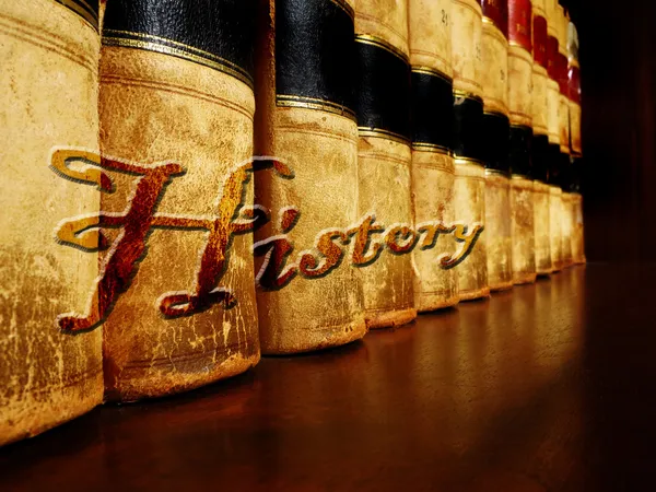 Old Leather History Books on Shelf — Stockfoto