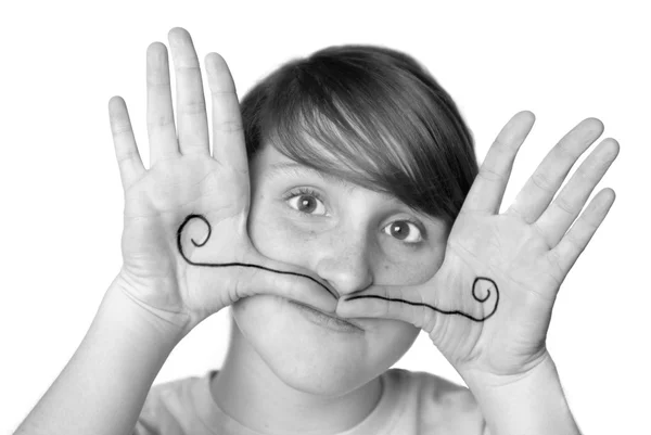 Menina jovem Silly Face Mustache — Fotografia de Stock