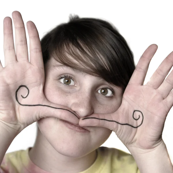 Young Girl Silly Face Mustache — Stock Photo, Image