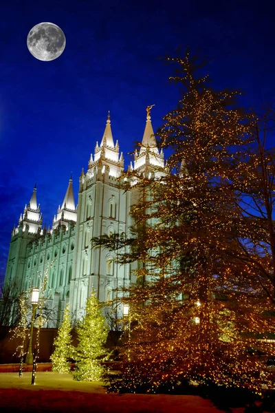 Salt Lake City Mormon Lds Pozdní Svatý Chrám Noci Vánoční — Stock fotografie