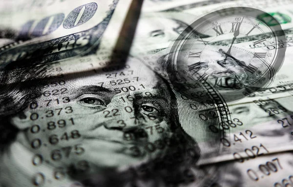 Gráficos Bursátiles Dinero Que Simbolizan Inversiones Invierten Reloj Para Tiempo — Foto de Stock