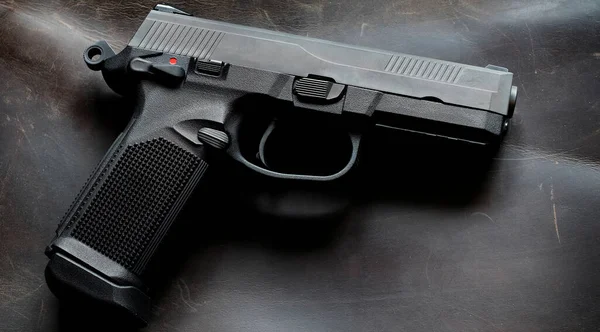 Handguns Pistols Leather Background Texture Weapons Self Defense Firearm Gun — Stock Photo, Image