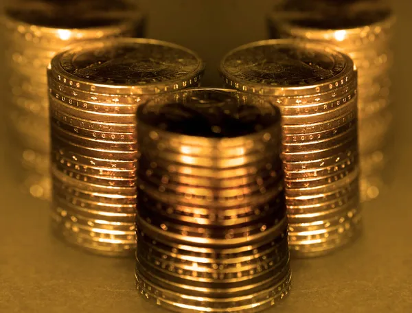 Old Gold Coins Stacks Piles Money Cash Representing Wealth Riches — Stock Photo, Image