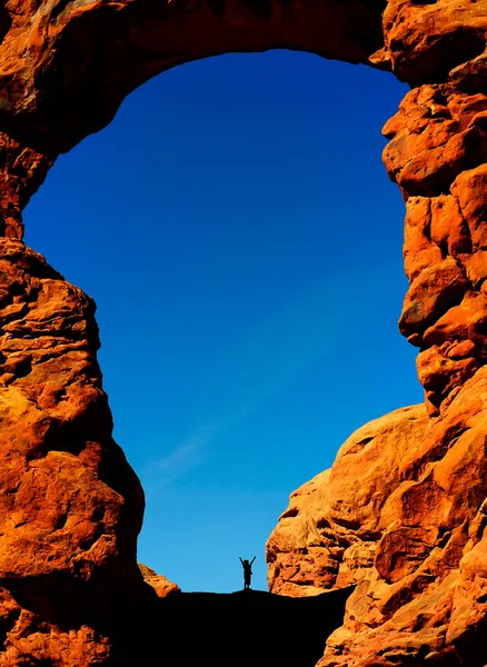 Silhouette Child Turret Arch Canyon Rock Formations Arches National Park — Stock Photo, Image