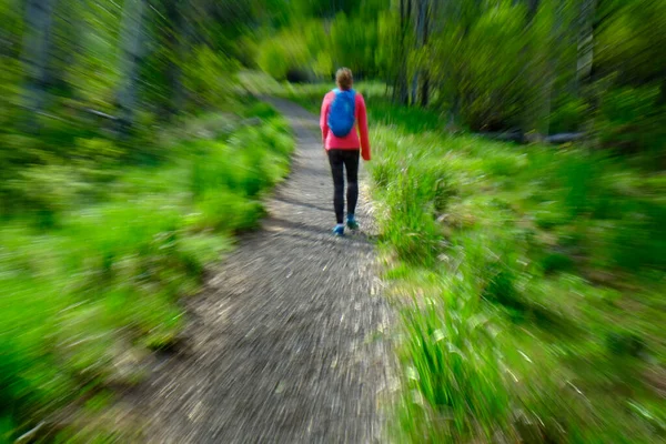 Kvinna Vandring Bergen Vildmark Utforska Och Utöva Zoom Oskärpa — Stockfoto