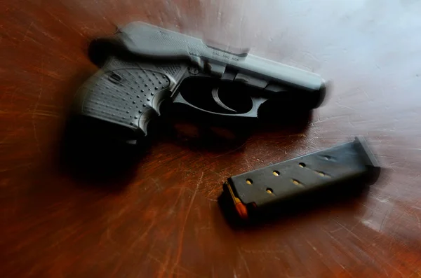 Closeup Powerful Handgun Bullets Old Wooden Surface — Stock Photo, Image