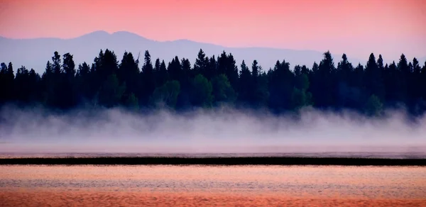 Amanecer Atardecer Lago Con Niebla Saliendo Del Agua Pinos Montañas — Foto de Stock