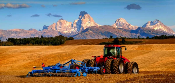 Ciągnik Equipment Rolnicze Uprawa Zbiorów Jesienią Jesień Teton Mountains Tle — Zdjęcie stockowe