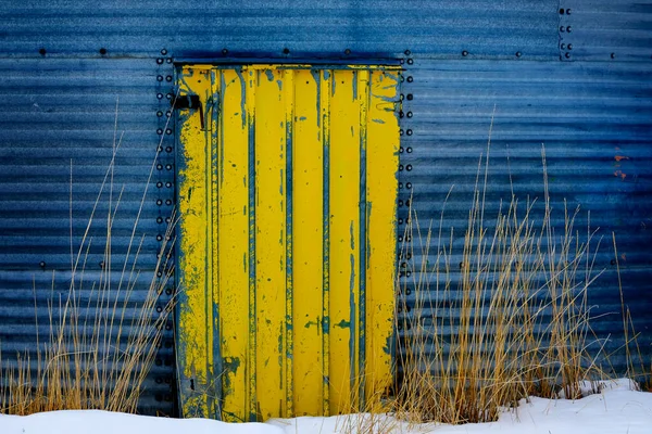 农场的金属粮仓上涂着黄色的门 上面撒满了杂草 — 图库照片