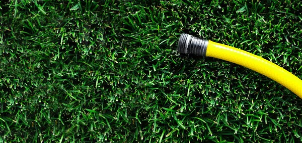 Yellow Garden Hose Laying Lush Green Grass — Stock Photo, Image