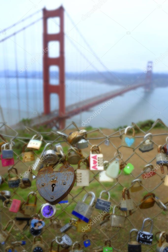 Detail of old locks representing couples love near Golden Gate Bridge