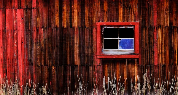 Old Red Barn Wooden Wall Window Frame Glass Background Textured — Stock Photo, Image