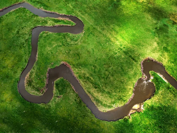 Aerial View Drone Creek River Flowing Green Grass Field Farm — стоковое фото