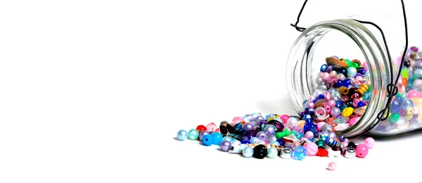 Beads Glass Jars Creating Art Hobbies Jewelry White Backround Copy — 스톡 사진