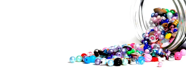 Beads Glass Jars Creating Art Hobbies Jewelry White Background — Stock Photo, Image