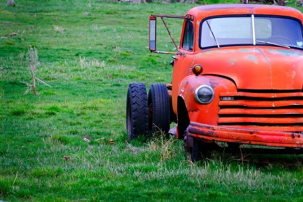 Velho Caminhão Trabalho Vermelho Junked Abandonado Campo Fazenda Verde — Fotografia de Stock