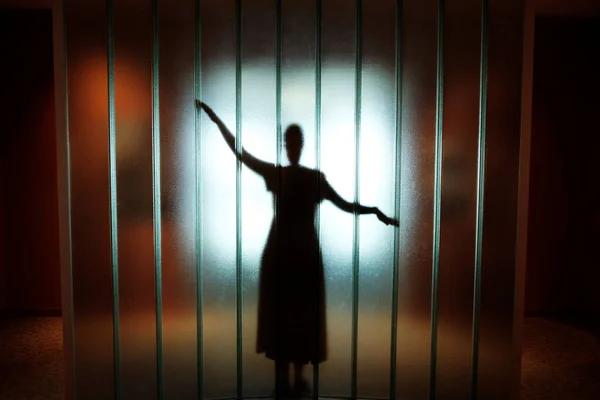 Dancer Woman Screen Silhouette Colors Fit Dress Arms Creating Mystery — Stockfoto