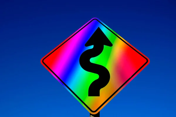 Gay Pride Lgbtq Rainbow Colored Street Sign Curves Blue Sky — Φωτογραφία Αρχείου