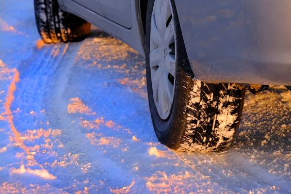 Snow Tracks Car Tires Driving Snow Winter — 스톡 사진