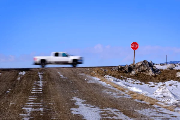 Stop Sign Road Winter Cars Trucks Speeding Blur — Stockfoto