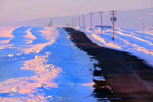 Lonely Country Road Empty Traffic Winter Powerlines — стоковое фото