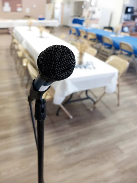 Microphone Stand Banquet Room Tables Chairs Party — Foto de Stock