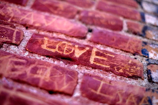 Love Symbol Affection Scratched Written Old Brick Wall — 图库照片
