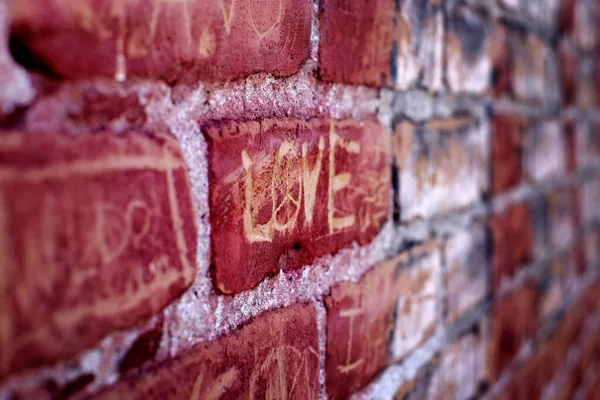 Love Symbol Affection Scratched Written Old Brick Wall — Stok fotoğraf