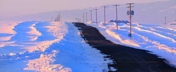 Lonely Country Road Empty Traffic Winter Powerlines — Stockfoto