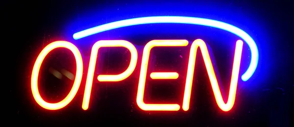Open Sign Neon Glass Window Door Business Night Glowing Color — Stok fotoğraf