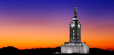 Pocatello Idaho LDS Mormon Son Gün Aziz Tapınağı Gün batımında Angel Moroni