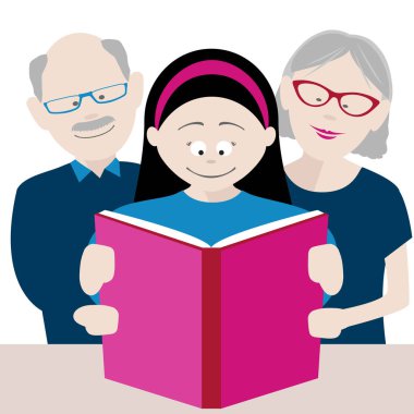 grandparents and granddaughter enjoying reading a book together. EPS file available
