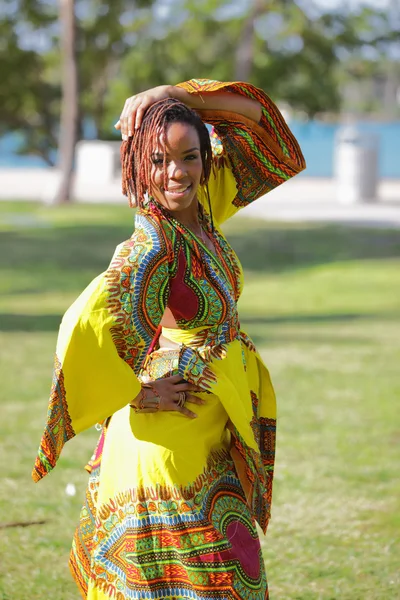 Parkta poz veren çekici bir Afrikalı Amerikalı kadın. — Stok fotoğraf