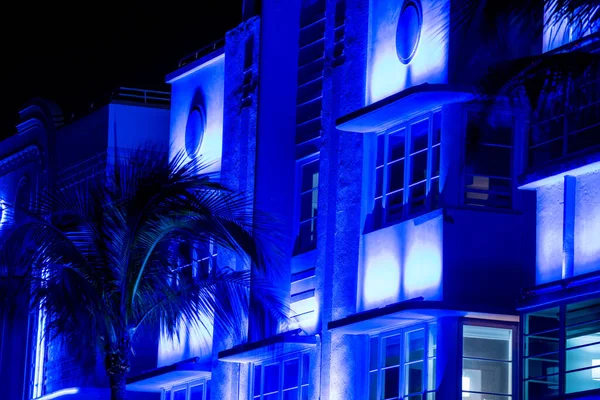 Kék Neon Fények Miami Beach Ocean Drive Art Deco — Stock Fotó