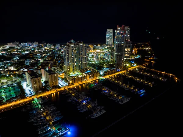 Légi Éjszaka Drón Fénykép Miami Beach Marina South Pointe — Stock Fotó