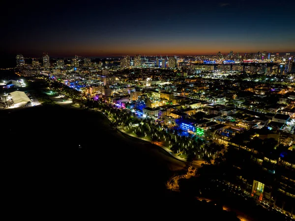 Night Aerial Photo Miami Beach Ocean Drive Twilight — Stock Photo, Image