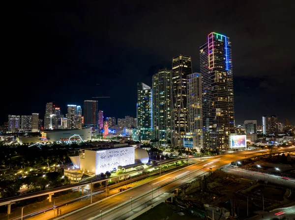 Luchtfoto Nacht Lange Blootstelling Downtown Miami Usa — Stockfoto