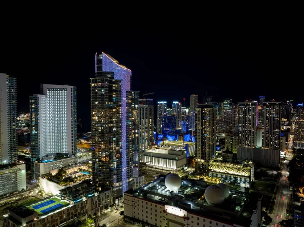 Noite Foto Aérea Downtown Miami Arquitetura Moderna Grande Grupo Edifícios — Fotografia de Stock