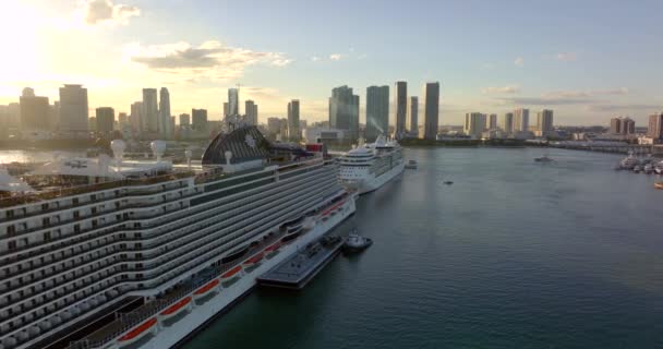 Kreuzfahrtschiffe Und Terminals Port Miami Antenne Roll Bei Sonnenuntergang — Stockvideo