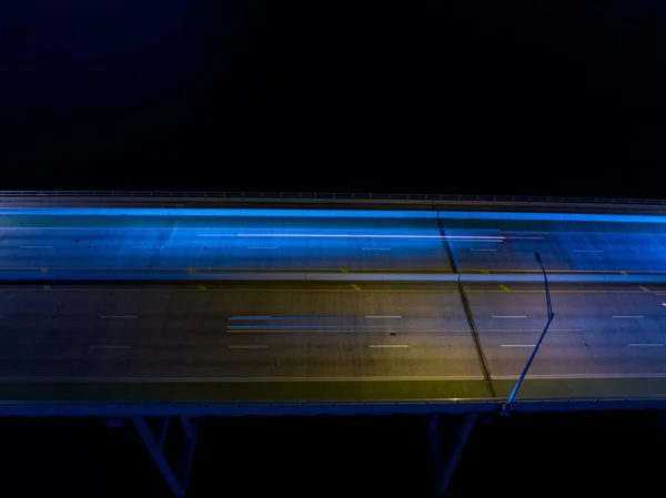 Night Bridge Light Streaks Neon Blue Lights — Stock Photo, Image