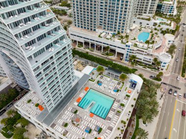 Fort Lauderdale, FL, USA - January 9, 2021: Aerial photo upscale resorts on Fort Lauderdale Beach FL