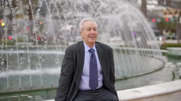Heureux Homme Affaires Assis Près Une Fontaine Dans Parc — Video