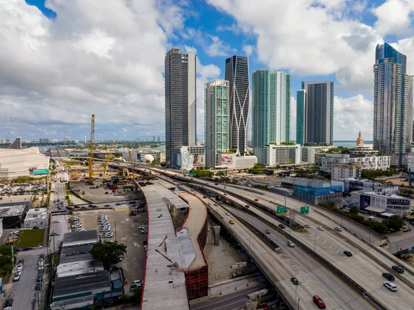 Miami Usa February 2022 Aerial Photo Construction Signature Bridge Downtown — Stock Photo, Image