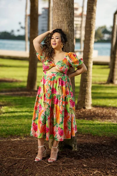 Mulher Vestido Apoiado Uma Palmeira Miami Beach — Fotografia de Stock