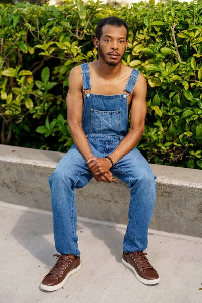 Knappe Afro Amerikaanse Man Poserend Overall Een Park Scene — Stockfoto